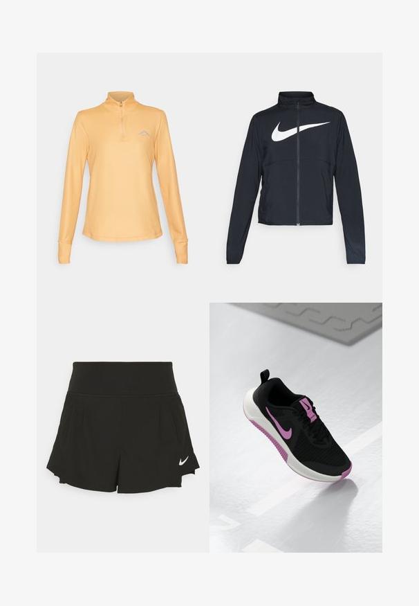 Zwarte sportjas met volledige rits, hoge kraag, lange mouwen en groot wit Nike swoosh-logo op de borst.; Lichtoranje langwerpige top met een halve rits kraag. Heeft een gladde textuur en een klein logo op de linkerborst. Eenvoudig ontwerp.; Zwarte sportshorts met een brede tailleband, geplooide details, gebogen zoom en een wit Nike-logo aan de onderzijde rechts.; Zwarte sport schoen met een ademende mesh bovenkant, featuring een roze Nike-logo en accenten, een witte tussenzool en een gestructureerde roze buitenzool.