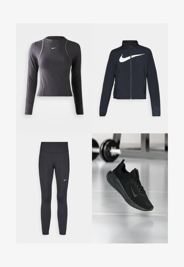 Juodas sportinis džemperis su visiškai užtraukiama užtrauktuku, aukšta apykakle, ilgomis rankovėmis ir dideliu baltu Nike swoosh logotipu per krūtinę.; Ilgų rankovių sportinis džemperis tamsiai pilkos spalvos, pagamintas iš elastingos medžiagos, turintis apvalų iškirpimą ir kontrastingą siuvimą. Nike logotipas ant krūtinės.; Juodi leggingai iš elastingos medžiagos, turintys aukštą juosmenį ir baltą Nike logotipą kairėje šlaunyje. Lygus paviršius, prigludusi dizainas.; Juodas sportinis sportbačiai su Nike logotipu, pavaizduoti ore virš sporto salės grindų, fone išblurinta hantelių laikiklis.