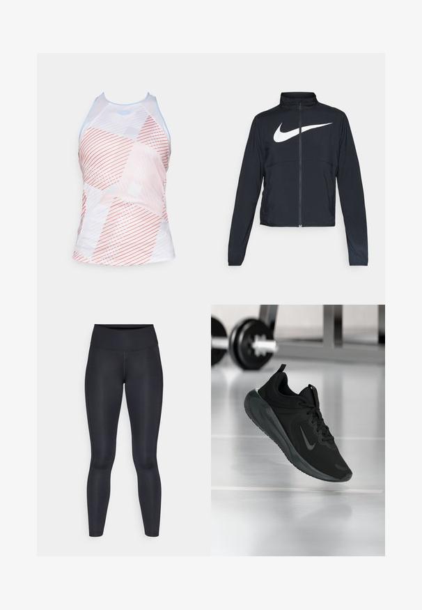 Must musta täispikk vary hoodie kõrge krae, pikad varrukad ja suur valge Nike swooshi logo rinnal.; Valge sportlik tank top, millel on geomeetriline muster koralli, halli ja helesinise värviga. Omab kõrget kaelust ja sportlikku lõiget.; Mustad mustad, mis on valmistatud siledast ja venivast kangast. Kõrge vöökoht, ilma nähtavate mustrite või aksessuaarideta. Sobivad tihedalt puusadelt kuni pahkluuni.; Mustad mustang spordijalatsid Nike logo'ga, õhus spordisaali põrandal, häguste hantlite riiulitega taustal.