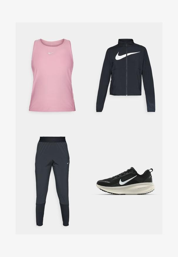 Musta urheilutakki, jossa on täysivetoketju, korkea kaulus, pitkät hihat ja suuri valkoinen Nike-tikkauksella rintaosa.; Nike Performance VICTORY TANK - Toppi - elemental pink/white; Nike urheiluhaalareita tummanharmaana, joissa on kapeneva lahjesuunnittelu, joustava vyötärö ja korostedetaileja lahkeiden läheisyydessä.; Mustat Nike-juoksukengät, joissa on hengittävä verkko-osa, valkoinen swoosh-logo, teksturoitu yksityiskohtaus ja kermaisen värinen ZoomX-välipohja.
