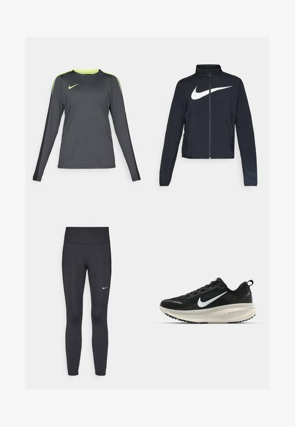 Must musta täispikk vary hoodie kõrge krae, pikad varrukad ja suur valge Nike swooshi logo rinnal.; Tumehall pikkade varrukatega spordisärk, millel on neoonrohelised aktsendid õlgadel. Valmistatud kergest ja hingavast kangast, ringlacelise kaelusega.; Mustad mustadest leggingid, mis on valmistatud venivast kangast, kõrge vöökoha ja valge Nike logo abil vasakul reiel. Sile tekstuur, keha järgiv disain.; Musthave mustus Nike jooksujalats, millel on hingav võrgust ülemine osa, valge swoosh logo, tekstuuriga detailid ja kreemja värvusega ZoomX vahevöö.
