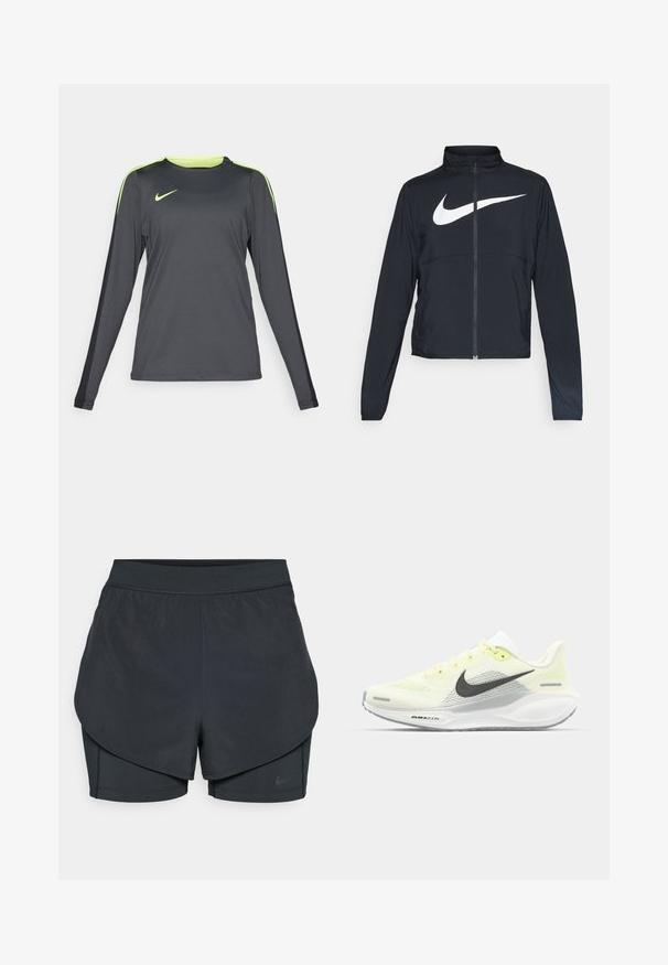 Schwarze Sportjacke mit vollem Reißverschluss, hohem Kragen, langen Ärmeln und großem weißen Nike-Swoosh-Logo auf der Brust.; Langärmliges Sporthemd in Dunkelgrau mit neon grünen Akzenten auf den Schultern. Hergestellt aus leichtem, atmungsaktivem Stoff und mit Rundhals-Ausschnitt.; Schwarze sportliche Shorts mit einem geschichteten Design, das eine glatte äußere Schicht und eng anliegende innere Shorts umfasst. Hergestellt aus leichtem, dehnbarem Material.; Nike Laufschuhe mit einem hellgelben und weißen Mesh-Obermaterial, grauen Akzenten und einer flexiblen Gummisohle. Verfügt über einen Schnürverschluss.