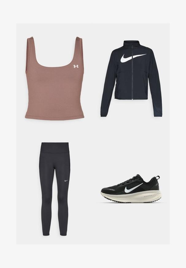 Černá sportovní bunda na zip s vysokým límcem, dlouhými rukávy a velkým bílým logem Nike swoosh přes prsa.; Hnědý zkrácený top s hranatým výstřihem, vyrobený z hladké, elastické tkaniny. Má malé bílé logo na levé straně.; Černé legíny vyrobené z elastického materiálu, s vysokým pasem a bílým logem Nike na levém stehně. Hladká textura, přiléhavý střih.; Černá běžecká obuv Nike s prodyšným síťovaným svrškem, bílým logem swoosh, texturovanými detaily a krémovou mezipodešví ZoomX.