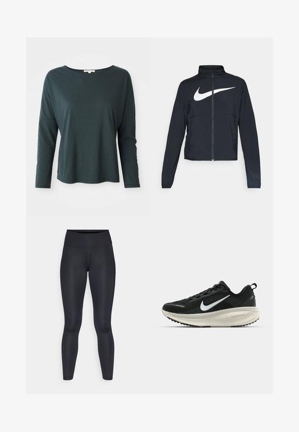 Casaco desportivo preto com fecho éclair completo, gola alta, mangas longas e grande logótipo branco da Nike na parte frontal.; Camisa de manga longa em teal escuro, com um corte relaxado e decote barco, sobre fundo branco, tamanho pequeno, em tecido leve e suave.; Leggings pretas feitos de um tecido liso e elástico. Cintura alta sem padrões ou detalhes visíveis. Ajustam-se de forma justa da cintura até os tornozelos.; Sapatilha de corrida Nike preta com parte superior de malha respirável, logotipo Swoosh branco, detalhes texturizados e uma entressola ZoomX na cor creme.