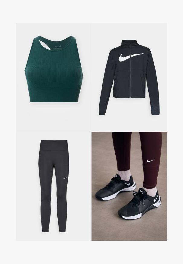 Zwarte sportjas met volledige rits, hoge kraag, lange mouwen en groot wit Nike swoosh-logo op de borst.; Emeraldgroene sportbh met een geribbelde textuur, voorzien van een racerback ontwerp en uitsnijding bij de halslijn voor ademend vermogen.; Zwarte legging van rekbare stof met een hoge tailleband en een wit Nike-logo op de linkerdij. Gladde textuur, aansluitend ontwerp.; Zwarte sportieve schoenen met een gestructureerde bovenkant en witte accenten, voorzien van veters en een zijlogo. Dragen met bordeauxrode leggings en lichte sokken.