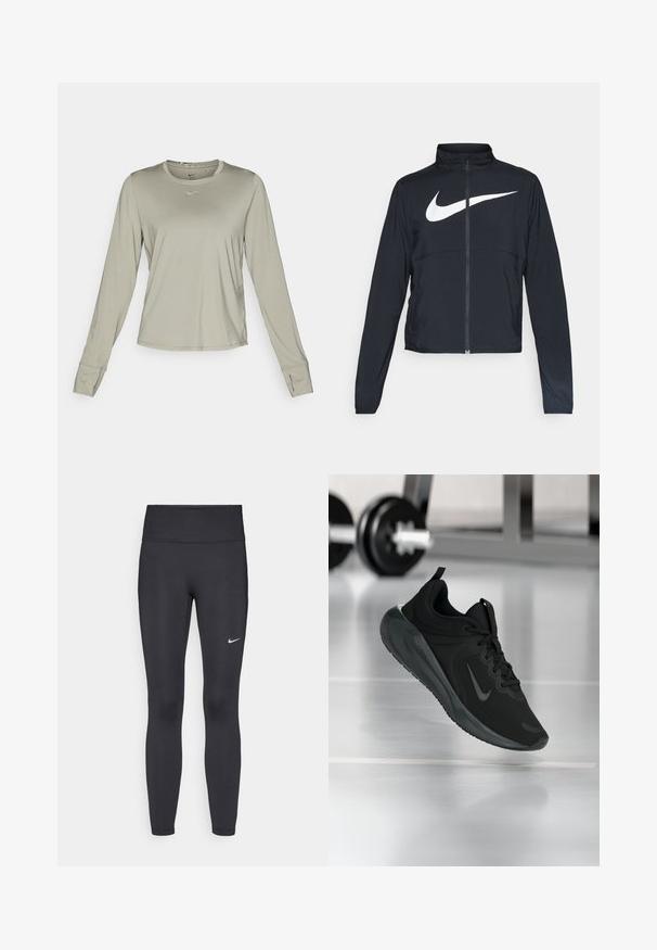 Schwarze Sportjacke mit vollem Reißverschluss, hohem Kragen, langen Ärmeln und großem weißen Nike-Swoosh-Logo auf der Brust.; Nike Performance ONE CLASSIC TOP - Langarmshirt - light army/black; Schwarze Leggings aus elastischem Stoff, mit einem hohen Bund und einem weißen Nike-Logo auf dem linken Oberschenkel. Glatte Textur, figurbetontes Design.; Schwarzer Sportsneaker mit Nike-Logo, mid-air über dem Boden des Fitnessstudios, mit unscharfem Hantelregal im Hintergrund.