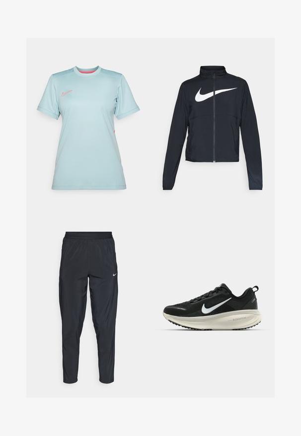 Svart joggebund med hel glidelås, høy krage, lange ermer og stort hvitt Nike swoosh-logo over brystet.; Lyseblå sports T-skjorte med korte ermer, rund hals, og rosa Nike-logo på brystet. Glatt, fukttransporterende stoff.; Sorte idrettsbukser med elastisk midjebånd, smale ben og en liten hvit logo på venstre lår. Lett og glatt stoff.; Svart Nike løpesko med pustende mesh-overdel, hvit swoosh-logo, teksturert detaljer og en kremfarget ZoomX mellomsåle.