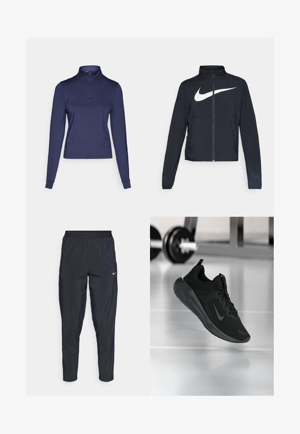 Čierna športová bunda na zips s vysokým golierom, dlhými rukávmi a veľkým bielym logom Nike na hrudi.; Námořní modrý top s dlouhým rukávem a čtvrtinovým zipem vyrobený z hladkého, pružného materiálu; má vysoký límec a přiléhavé manžety. Jednoduchý design s klasickou siluetou.; Čierne športové nohavice s elastickým pásom, zúženými nohami a malým bielym logom na ľavom stehne. Ľahký, hladký materiál.; Čierne športové tenisky s logom Nike, zobrazené vo vzduchu na podlahe telocvične, s rozmazaným regálom činkami v pozadí.