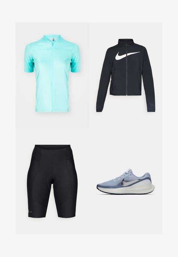 Μαύρο σπορ μπουφάν με πλήρη φερμουάρ, ψηλό λαιμό, μακριά μανίκια και μεγάλο λευκό logo Nike στον θώρακα.; Κοντομάνικη μπλούζα ποδηλασίας σε ανοιχτό τιρκουάζ, κατασκευασμένη από αναπνεύσιμο ύφασμα με πλήρη μπροστινό φερμουάρ και πλέγμα για αερισμό.; Μαύρες ποδηλατικές σορτς από ελαστικό υλικό, με επενδεδυμένο εσωτερικό, ελαστική μέση και απαλές ραφές για μια κομψή εφαρμογή.; Ανοιχτό μπλε και λευκό αθλητικό παπούτσι Nike για τρέξιμο με ασημένιο λογότυπο Swoosh, αναπνέον επάνω μέρος από πλέγμα, μαξιλαρωμένη σόλα και μαύρη εξωτερική επιφάνεια.