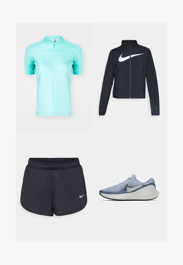 Fekete, teljes cipzáros sportdzseki magas gallérral, hosszú ujjal, amelyen egy nagy, fehér Nike logó található a mellkason.; Rövid ujjú kerékpáros mez világos türkiz színben, légáteresztő anyagból készült, teljes hosszú cipzárral és szellőző hálós betétekkel.; Fekete sportos rövidnadrág, könnyű, légáteresztő anyagból készült. Rugalmas derékpánttal rendelkezik, és a jobb alsó oldalon fehér Nike logó található.; Világoskék és fehér Nike futócipő ezüst swoosh logóval, légáteresztő hálós felsővel, párnázott talppal és fekete talpkiképzéssel.