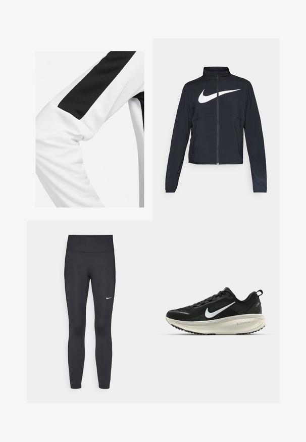 Schwarze Sportjacke mit vollem Reißverschluss, hohem Kragen, langen Ärmeln und großem weißen Nike-Swoosh-Logo auf der Brust.; Sportshirt mit weißen Grundfarbe, versehen mit einem schwarzen Netzpaneel und glatter Stofftextur. Deutlicher Kontrast zwischen Schwarz und Weiß.; Schwarze Leggings aus elastischem Stoff, mit einem hohen Bund und einem weißen Nike-Logo auf dem linken Oberschenkel. Glatte Textur, figurbetontes Design.; Schwarzer Nike-Laufschuh mit atmungsaktivem Mesh-Obermaterial, weißem Swoosh-Logo, strukturierten Details und einer cremefarbenen ZoomX-Zwischensohle.