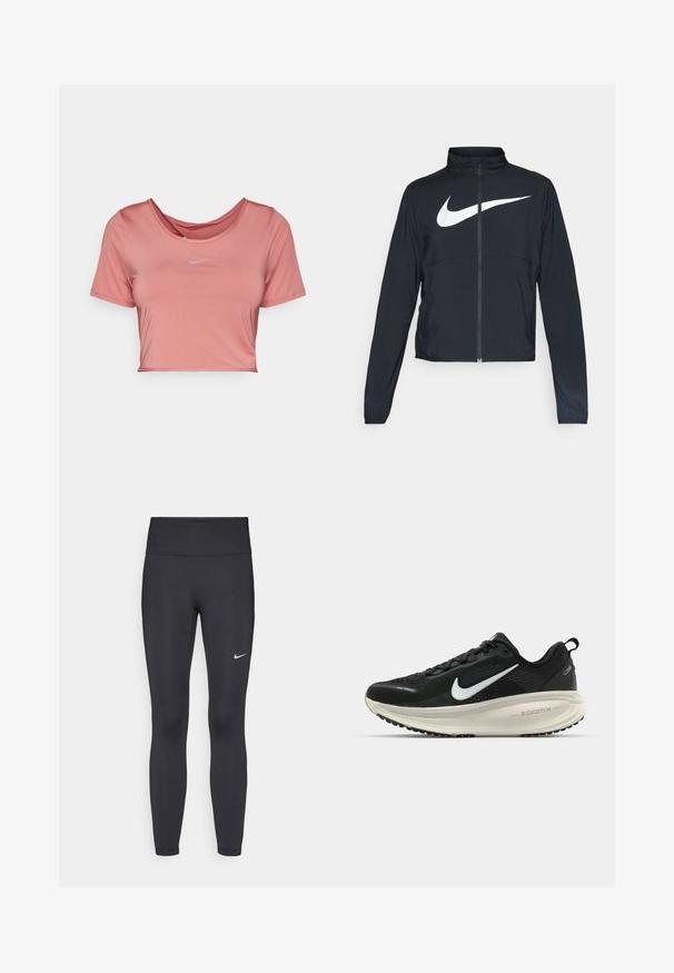 Chaqueta deportiva negra de cremallera completa con cuello alto, mangas largas y gran logo de Nike en blanco en el pecho.; Camiseta rosa corta con mangas cortas, hecha de tela suave. Presenta un cuello redondo y un pequeño logo blanco de Nike en la parte frontal.; Leggings negras de tela elástica, con una cintura alta y un logo blanco de Nike en el muslo izquierdo. Textura suave, diseño ajustado.; Zapatilla de running Nike negra con parte superior de malla transpirable, logo Swoosh blanco, detalles texturizados y una entresuela ZoomX de color crema.