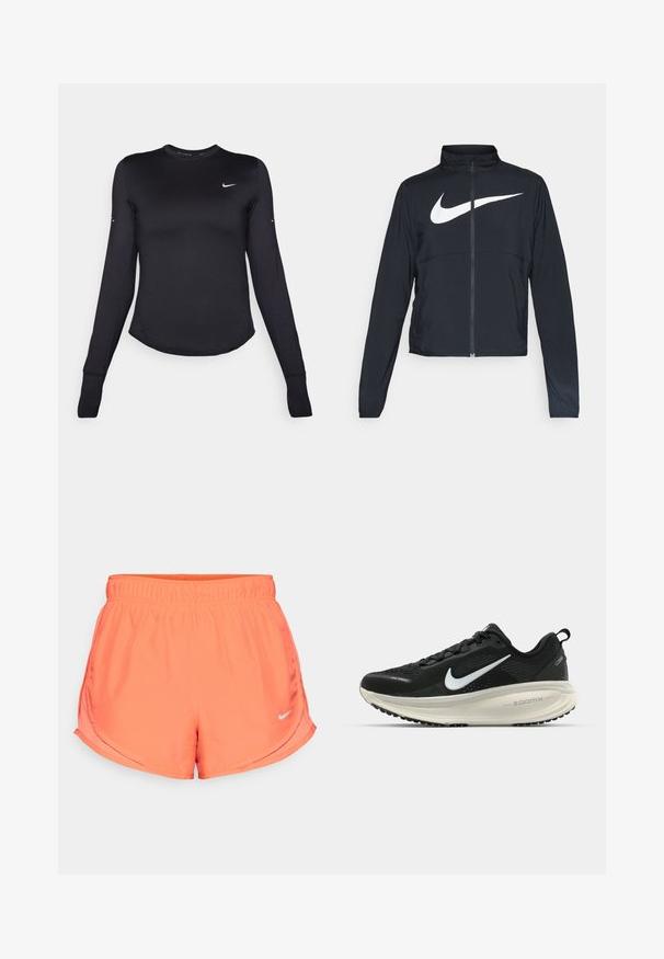 Schwarze Sportjacke mit vollem Reißverschluss, hohem Kragen, langen Ärmeln und großem weißen Nike-Swoosh-Logo auf der Brust.; Schwarzes langärmliges Sportshirt aus glattem, dehnbarem Material. Verfügt über einen abgerundeten Saum und ein kleines weißes Nike-Logo auf der Brust.; Die korallenfarbene Nike-Shorts verfügt über einen elastischen Bund, seitliche Schlitze für mehr Beweglichkeit und ein kleines silbernes Logo auf der unteren rechten Seite. Hergestellt aus glattem, leichtem Material.; Schwarzer Nike-Laufschuh mit atmungsaktivem Mesh-Obermaterial, weißem Swoosh-Logo, strukturierten Details und einer cremefarbenen ZoomX-Zwischensohle.