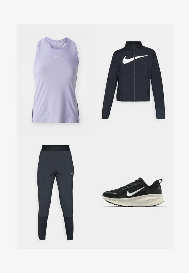 Melnā sporta jaka ar pilnu rāvējslēdzēju, augstu apkakli, garām piedurknēm un lielu baltu Nike swoosh logotipu krūšu daļā.; Gaiši purpura sporta topiņš ar noapaļotu kakla izgriezumu un sacīkšu atpakaļ dizainu. Uz krūšu daļas un sāniem ir maza balta logo. Gluda tekstūra.; Nike sporta bikses tumšā pelēkā krāsā, ar šauru kāju dizainu, elastīgu jostasvietu un akcentu detaļām pie apakšmalām.; Melnas Nike skriešanas kurpes ar elpojošu acs augšdaļu, baltu Swoosh logotipu, strukturētu apdari un krēmkrāsas ZoomX starpsole.