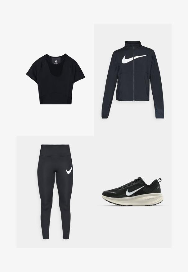 Juodas sportinis džemperis su visiškai užtraukiama užtrauktuku, aukšta apykakle, ilgomis rankovėmis ir dideliu baltu Nike swoosh logotipu per krūtinę.; Juodas sportinis trumpas marškinėlis su trumpomis rankovėmis, apvalia apykakle, tekstūruotomis detalėmis ir prigludusia forma, suteikiančia elegantišką išvaizdą.; Juodos sportinės kelnės aukštu liemeniu su baltu Nike swoosh logotipu viršutinėje kairėje šlaunyje prieš baltą foną.; Juodas Nike sportinis batelis su kvėpuojančiu tinklu, baltu swoosh logotipu, tekstūruoto dizaino detalėmis ir grietinėlės spalvos ZoomX viduriu.