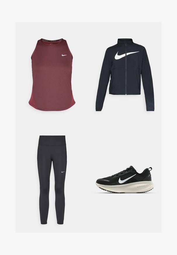 Svart joggebund med hel glidelås, høy krage, lange ermer og stort hvitt Nike swoosh-logo over brystet.; Burgunderfarget tanktopp med rund hals, ermeløs design, pustende mesh-paneler på sidene og en liten hvit Nike-logo på fronten.; Sorte leggings laget av elastisk stoff, med høy livlinje og en hvit Nike-logo på venstre lår. Glatt tekstur, kroppsnær passform.; Svart Nike løpesko med pustende mesh-overdel, hvit swoosh-logo, teksturert detaljer og en kremfarget ZoomX mellomsåle.