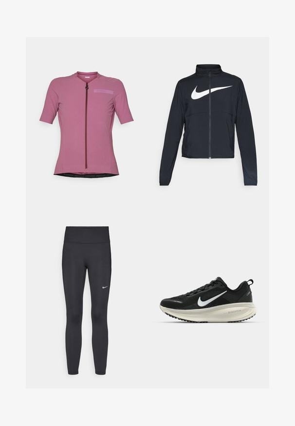 Svart joggebund med hel glidelås, høy krage, lange ermer og stort hvitt Nike swoosh-logo over brystet.; Kortermet sykkeltrøye i lys rosa, med glidelås foran, teksturert stoff og et logo-patch i en litt mørkere nyanse.; Sorte leggings laget av elastisk stoff, med høy livlinje og en hvit Nike-logo på venstre lår. Glatt tekstur, kroppsnær passform.; Svart Nike løpesko med pustende mesh-overdel, hvit swoosh-logo, teksturert detaljer og en kremfarget ZoomX mellomsåle.
