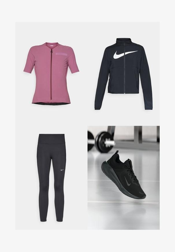 Juodas sportinis džemperis su visiškai užtraukiama užtrauktuku, aukšta apykakle, ilgomis rankovėmis ir dideliu baltu Nike swoosh logotipu per krūtinę.; Šviesiai rožinis trumpomis rankovėmis dviratininko marškinėliai su priekiniais užtrauktukais, tekstūruota medžiaga ir logotipas šiek tiek tamsesnėje spalvoje.; Juodi leggingai iš elastingos medžiagos, turintys aukštą juosmenį ir baltą Nike logotipą kairėje šlaunyje. Lygus paviršius, prigludusi dizainas.; Juodas sportinis sportbačiai su Nike logotipu, pavaizduoti ore virš sporto salės grindų, fone išblurinta hantelių laikiklis.