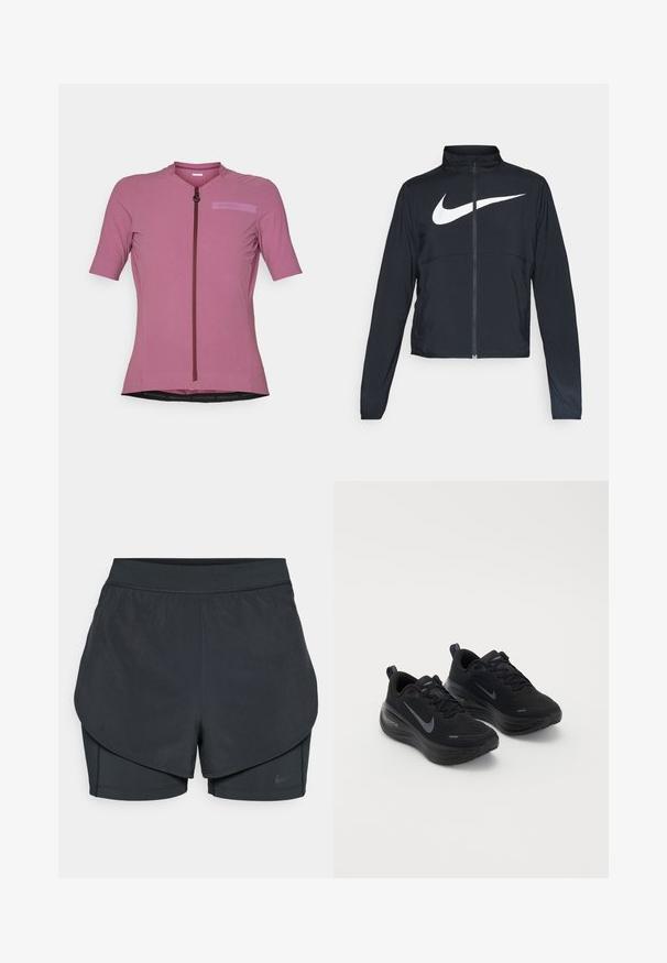Jachetă sport neagră cu fermoar pe toată lungimea, guler înalt, mâneci lungi și un logo mare alb Nike swoosh pe piept.; Jersey de ciclism cu mânecă scurtă, de culoare roz deschis, cu fermoar frontal, material texturat și un patch cu logo într-o nuanță ușor mai închisă.; Șorturi sportive negre cu un design stratificat, având o strat exterior neted și șorturi interioare ajustate. Fabricate dintr-un material ușor și elastic.; Pantofi sport negri, cu un brâu texturat, design cu șireturi și talpă groasă, căptușită. Prezintă un logo Nike gri pe fiecare parte.