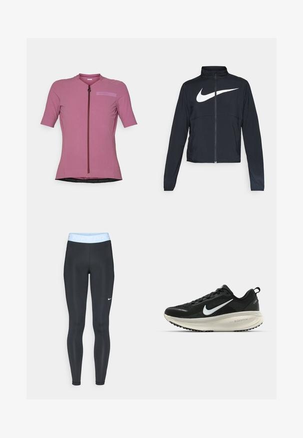 Črna športna jakna z polnim zadrgo, visokim ovratnikom, dolgimi rokavi in velikim belim logotipom Nike swoosh čez prsi.; Kolesarska majica s kratkimi rokavi v svetlo rožnati barvi, z zadrgo spredaj, teksturirano tkanino in logotipom v rahlo temnejši senci.; Črne športne legice z svetlo modrim pasom, ki vsebuje besedilo "NIKE PRO"; gladka tekstura in prilega se. Bel Nike logotip na levi strani.; Črne Nike tekaške čevlje z zračno mrežno zgornjim delom, belim logotipom Swoosh, teksturiranimi detajli in smetanasto barvnim srednjim delom ZoomX.