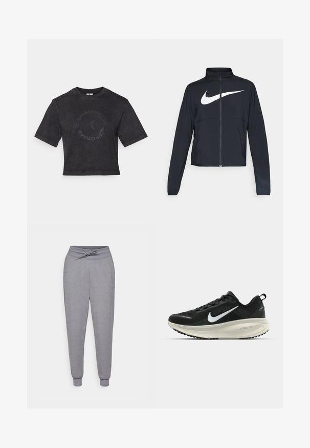 Musta urheilutakki, jossa on täysivetoketju, korkea kaulus, pitkät hihat ja suuri valkoinen Nike-tikkauksella rintaosa.; Mustassa lyhyessä t-paidassa on pehmeää puuvillaa ja pyöreä pääntie. Edessä on hillitty pyöreä "CHAMPIONS" -painatus ja lyhyet hihat.; Harmaat tapered-collegehousut, joissa on kiristysnaruvyötärö, resorit lahkeissa ja huomaamaton Nike-logo vasemmassa reisessä. Pehmeä, tekstuuriainen kangas.; Mustat Nike-juoksukengät, joissa on hengittävä verkko-osa, valkoinen swoosh-logo, teksturoitu yksityiskohtaus ja kermaisen värinen ZoomX-välipohja.