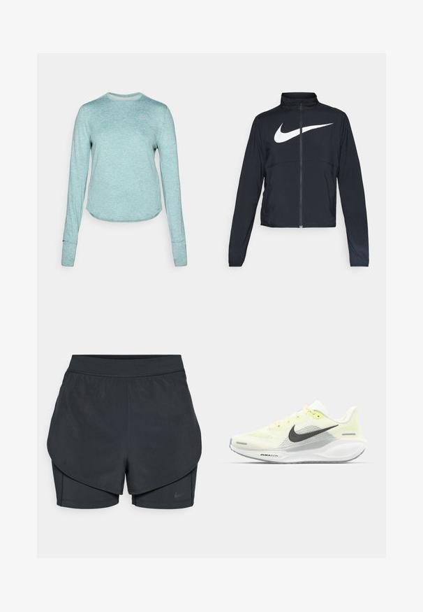 Zwarte sportjas met volledige rits, hoge kraag, lange mouwen en groot wit Nike swoosh-logo op de borst.; Lange mouwen, lichtgroene sportshirt. Gemaakt van een gestructureerde, vochtafvoerende stof met een afgeronde zoom en duimopeningen op de mouwen.; Zwarte sportshorts met een gelaagd ontwerp, voorzien van een gladde buitenlaag en aansluitende binnen shorts. Gemaakt van lichtgewicht, rekbare stof.; Nike hardloopschoenen met een lichtgele en witte mesh bovenkant, grijze accenten en een flexibele rubberen zool. Voorzien van een vetersluiting.
