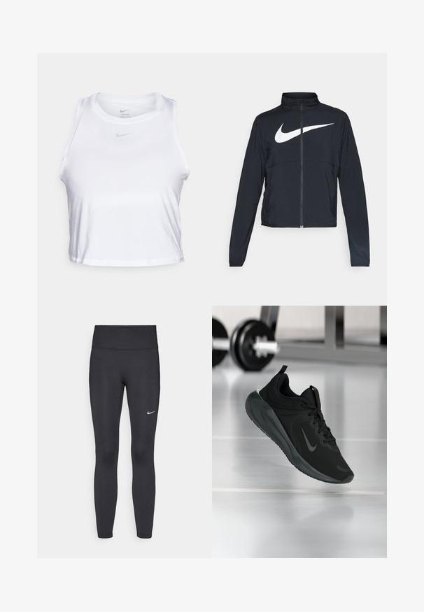 Crna sportska jakna s punim patentnim zatvaračem, visokim ovratnikom, dugim rukavima i velikim bijelim Nike swoosh logom preko grudi.; Bjela bezrukavna kratka majica izrađena od glatkog Dri-FIT materijala. Ima mali sivi Nike logo na prsima i okrugli izrez.; Crne tajice izrađene od rastezljivog materijala, s visokim strukom i bijelim Nike logotipom na lijevom bedru. Glatka tekstura, dizajn koji prati obline.; Crna sportska tenisica s Nike logotipom, prikazana u zraku na podu teretane, s mutnom stalcem za bučice u pozadini.