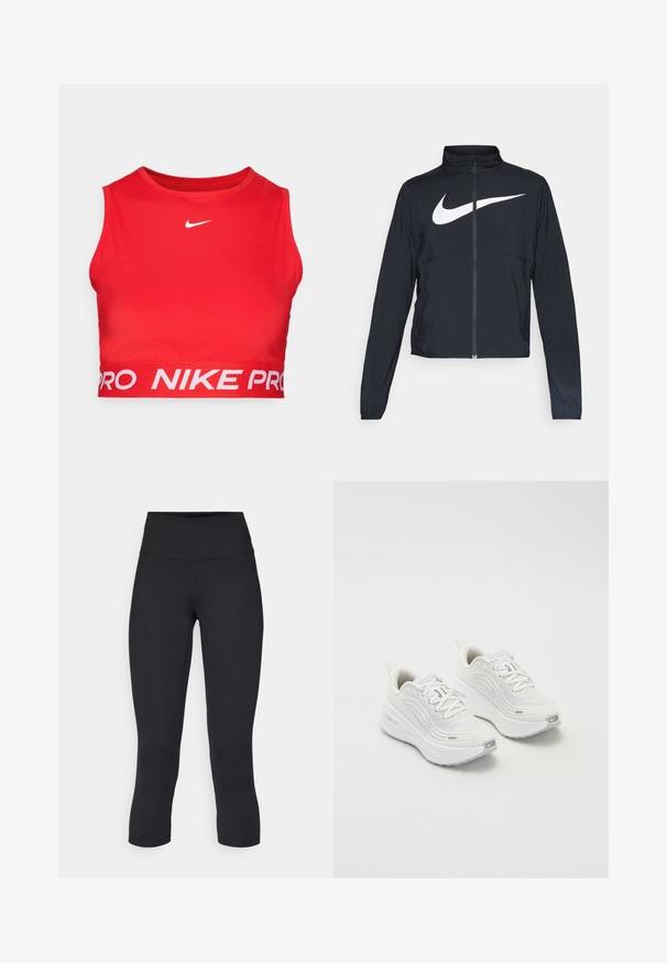 Czarna bluza sportowa na zamek błyskawiczny z wysokim kołnierzem, długimi rękawami i dużym białym logo Nike na klatce piersiowej.; Czerony sportowy crop top Nike Pro wykonany z gładkiego, elastycznego materiału. Posiada białe logo na klatce piersiowej oraz szeroki elastyczny pasek z logo na dole.; Czarne, krótkie legginsy wykonane z elastycznego materiału, z wysokim stanem i gładką strukturą, bez widocznych wzorów czy elementów metalowych.; Białe buty sportowe z teksturowaną siateczką u góry, amortyzowana podeszwa i subtelne szare akcenty. Zawierają logo i pętlę z tyłu dla łatwego zakładania.