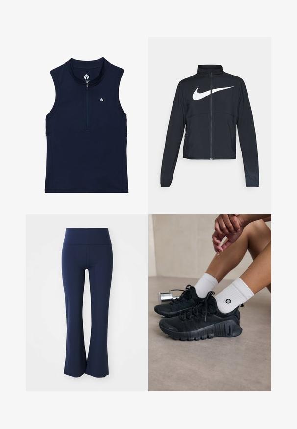 Čierna športová bunda na zips s vysokým golierom, dlhými rukávmi a veľkým bielym logom Nike na hrudi.; Námořnický bezrukávový sporty top vyrobený z elastického materiálu, s předním zipem, kulatým límečkem a malým logem na hrudi.; Námorníckomodré zakrivené nohavice vyrobené zo elastického materiálu s širokým pásom. Hladká textúra bez viditeľných vzorov alebo kovových detailov.; Čierne športové topánky s textúrovanou látkou, šnurovací dizajn a výrazná podrážka, doplnené o biele rebrované ponožky s malým logom.