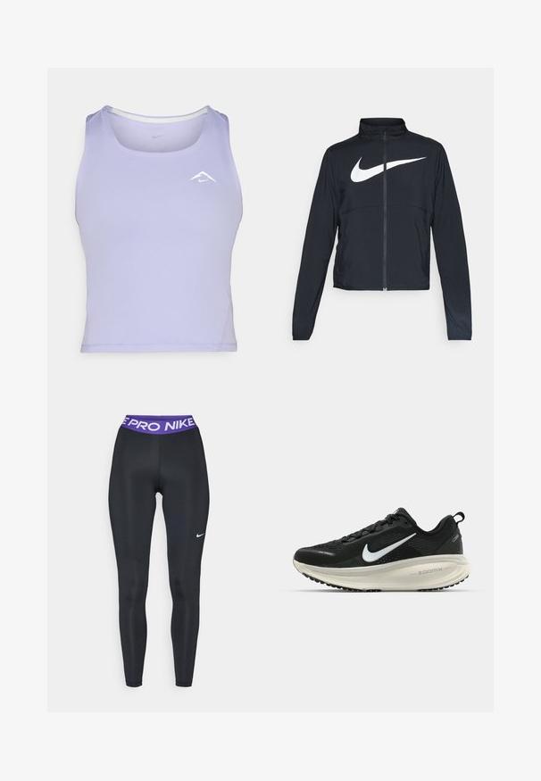 Musta urheilutakki, jossa on täysivetoketju, korkea kaulus, pitkät hihat ja suuri valkoinen Nike-tikkauksella rintaosa.; Violetti toppi, joka on valmistettu kosteutta siirtävästä materiaalista, pyöreällä pääntieellä ja sivusaumalla, pieni valkoinen logotehoste.; Mustat urheilutrikoot, joissa on sileä pinta. Vyötäröllä on violetti vyö, jossa lukee "NIKE PRO", ja toisella sivulla on pieni valkoinen Nike-logo.; Mustat Nike-juoksukengät, joissa on hengittävä verkko-osa, valkoinen swoosh-logo, teksturoitu yksityiskohtaus ja kermaisen värinen ZoomX-välipohja.