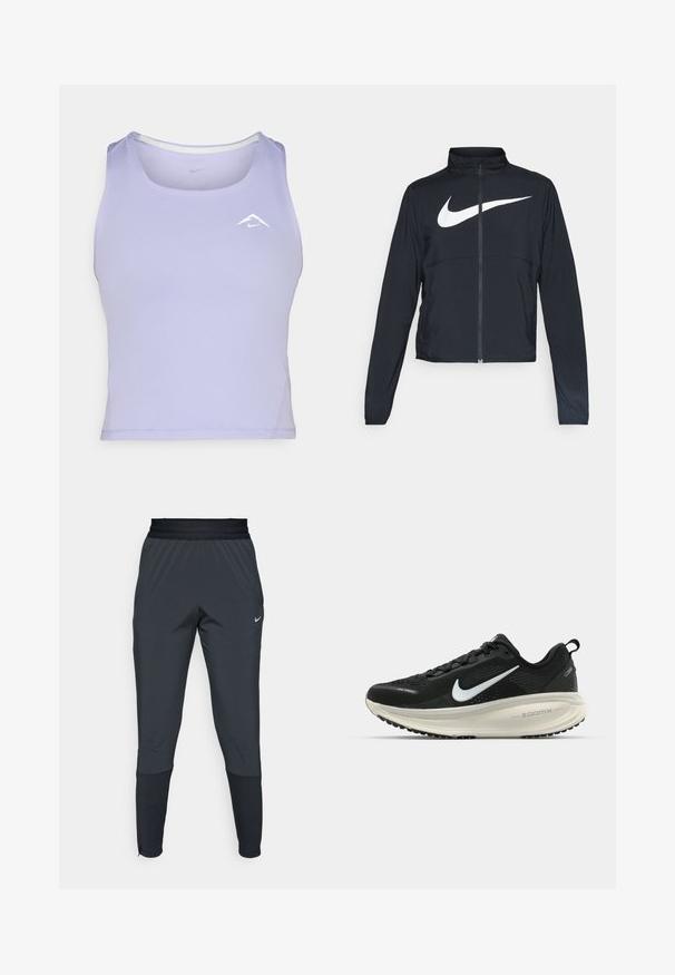 Giacca sportiva nera con zip completa, colletto alto, maniche lunghe e grande logo swoosh bianco Nike sul petto.; Top in tessuto traspirante di colore viola, con scollatura rotonda e cuciture laterali, decorato con un piccolo logo bianco.; Pantaloni sportivi Nike di colore grigio scuro, caratterizzati da un design con gamba affusolata, vita elasticizzata e dettagli decorativi vicino ai polsini.; Scarpa da corsa nera Nike con tomaia in rete traspirante, logo Swoosh bianco, dettagli testurizzati e intersuola ZoomX di colore crema.