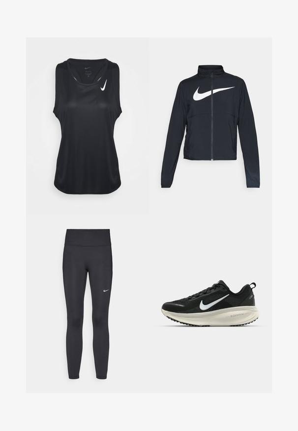 Chaqueta deportiva negra de cremallera completa con cuello alto, mangas largas y gran logo de Nike en blanco en el pecho.; Camiseta sin mangas negra de estilo atlético hecha de una tela suave que absorbe la humedad. Presenta un escote redondo y un pequeño logo de Nike en blanco en el pecho.; Leggings negras de tela elástica, con una cintura alta y un logo blanco de Nike en el muslo izquierdo. Textura suave, diseño ajustado.; Zapatilla de running Nike negra con parte superior de malla transpirable, logo Swoosh blanco, detalles texturizados y una entresuela ZoomX de color crema.
