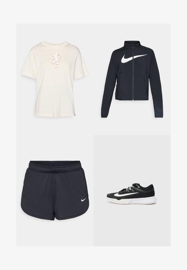 Sort fuld-zip sportsjakke med høj krave, lange ærmer og stort hvidt Nike swoosh-logo på brystet.; Cremefarvet bomulds t-shirt med korte ærmer og et struktureret rødt grafisk design på forsiden. Har en rund halsudskæring og en rundet kant.; Sorte atletiske shorts lavet af letvægts, åndbart stof. Har en elastisk talje og hvidt Nike-logo på nederste højre side.; Sort atletisk sko med hvide detaljer, der har en tekstureret overdel, rund tå, flade snørebånd og en tyk hvid gummisål.