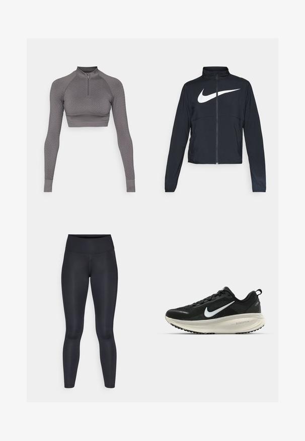 Musta urheilutakki, jossa on täysivetoketju, korkea kaulus, pitkät hihat ja suuri valkoinen Nike-tikkauksella rintaosa.; Harmaa lyhythihainen paita, jossa on puolivetoketju, teksturoitu kuvio ja tiukka muotoilu; sisältää resorit hihansuissa ja korkeapokaisen kaula-aukon.; Mustat legginsit, jotka on valmistettu sileästä ja joustavasta kankaasta. Korkea vyötärö ilman näkyviä kuvioita tai tehosteita. Istuu tiiviisti vyötäröstä nilkkoihin.; Mustat Nike-juoksukengät, joissa on hengittävä verkko-osa, valkoinen swoosh-logo, teksturoitu yksityiskohtaus ja kermaisen värinen ZoomX-välipohja.