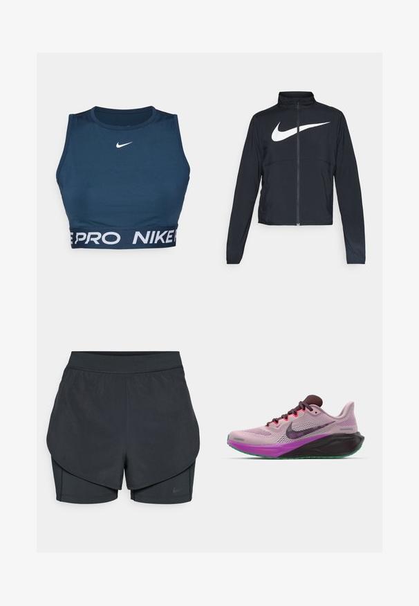 Čierna športová bunda na zips s vysokým golierom, dlhými rukávmi a veľkým bielym logom Nike na hrudi.; Navy športová podprsenka vyrobená z elastického materiálu. Má okrúhly výstrih a kontrastný biely pás s logom "NIKE PRO" na spodnej strane. Hladká štruktúra.; Čierne športové šortky s vrstveným dizajnom, s hladkou vonkajšou vrstvou a priliehavými vnútornými šortkami. Vyrobené z ľahkej, elastickej tkaniny.; Bežecké tenisky Nike v ružovej sieťovine s fialovými akcentmi, s čiernou podrážkou a zeleným spodkom. Na šnurovanie s polstrovaným golierom.