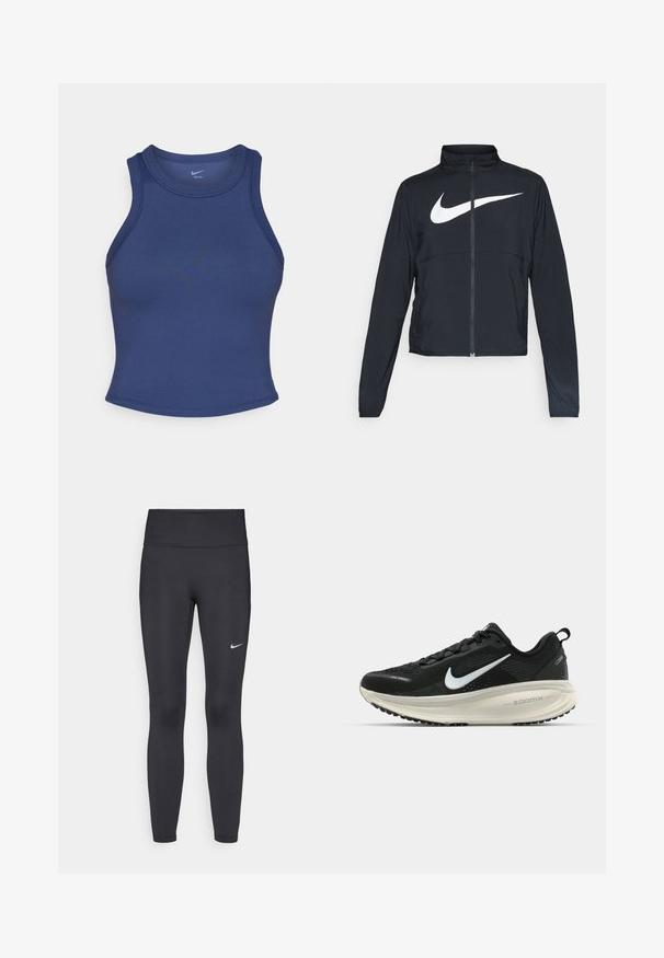 Čierna športová bunda na zips s vysokým golierom, dlhými rukávmi a veľkým bielym logom Nike na hrudi.; Námornícky modrá športová tielko s priliehavým strihom, okrúhlym výstrihom a hladkým povrchom. Má minimálne švy a žiadne viditeľné logo.; Čierne legíny z elastického materiálu, s vysokým pásom a bielym logom Nike na ľavom stehne. Hladká textúra, priliehavý dizajn.; Čierne bežecké topánky Nike s priedušnou sieťovinou, bielym logom s symbolom swoosh, textúrovanými detailmi a krémovou ZoomX medzipodrážkou.