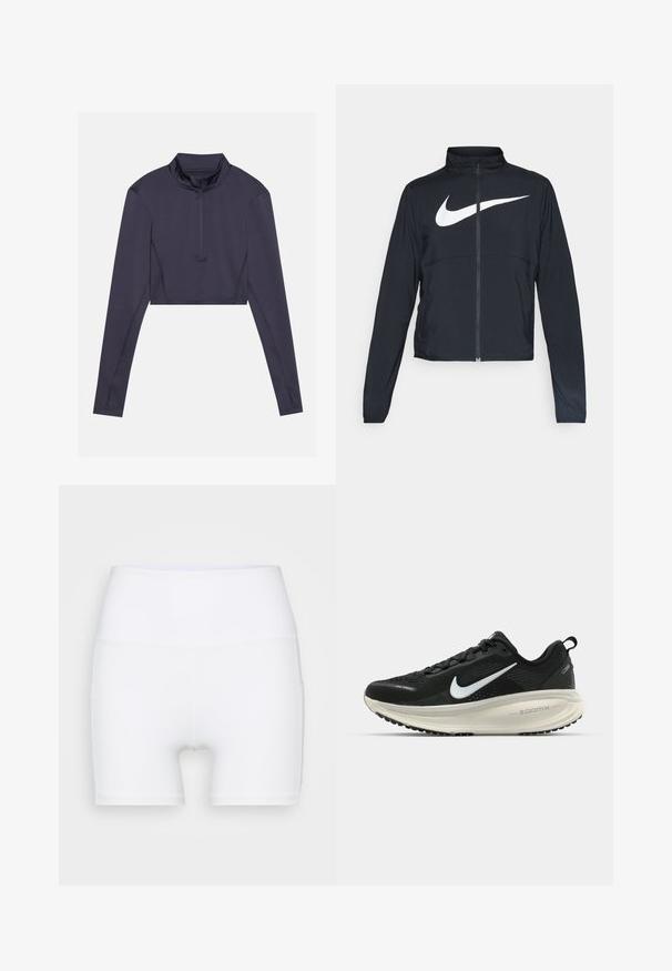 Melnā sporta jaka ar pilnu rāvējslēdzēju, augstu apkakli, garām piedurknēm un lielu baltu Nike swoosh logotipu krūšu daļā.; Īsināta, garām piedurknēm T-kreklā tumši zils audums. Iezīmē augstu apkakli un puspiekšu priekšā. Gluda tekstūra ar minimālu šuvju skaitu.; Baltā krāsā augsto jostasvietu šorti, izgatavoti no elastīga auduma. Raksturīga gluda virsma un pieguļoša piegriezuma forma, bez papildu rakstiem vai detaļām.; Melnas Nike skriešanas kurpes ar elpojošu acs augšdaļu, baltu Swoosh logotipu, strukturētu apdari un krēmkrāsas ZoomX starpsole.