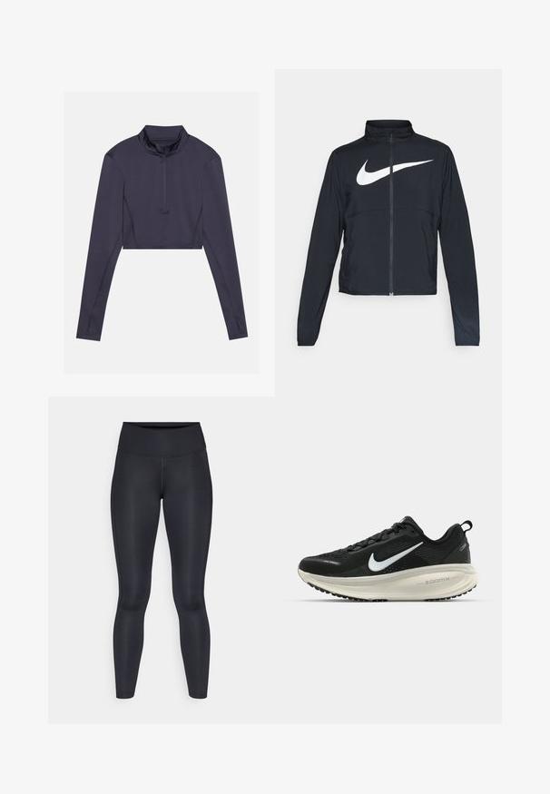 Černá sportovní bunda na zip s vysokým límcem, dlouhými rukávy a velkým bílým logem Nike swoosh přes prsa.; Zkrácený top s dlouhými rukávy z tmavě modré látky. Vybaven vysokým límcem a polovičním zipem na přední straně. Hladká textura s minimálním prošíváním.; Černé legíny vyrobené z hladké, elastické tkaniny. Vysoký pas bez viditelných vzorů nebo akcentů. Těsně přiléhají od pasu k kotníkům.; Černá běžecká obuv Nike s prodyšným síťovaným svrškem, bílým logem swoosh, texturovanými detaily a krémovou mezipodešví ZoomX.