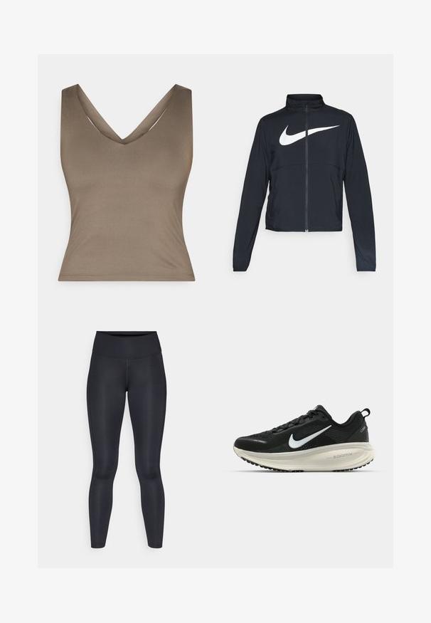 Jachetă sport neagră cu fermoar pe toată lungimea, guler înalt, mâneci lungi și un logo mare alb Nike swoosh pe piept.; Top maro, fără mâneci, cu un design adânc în V, realizat dintr-un material neted. Prezintă o siluetă ajustată și cusături curate, minimaliste.; Leggings negre dintr-un material neted și elastic. Talie înaltă fără modele sau accente vizibile. Se potrivesc strâns de la talie până la glezne.; Pantofii de alergare negri de la Nike, cu parte superioară din plasă respirabilă, logo-ul alb Swoosh, detalii texturate și o talpă intermediară ZoomX de culoare crem.