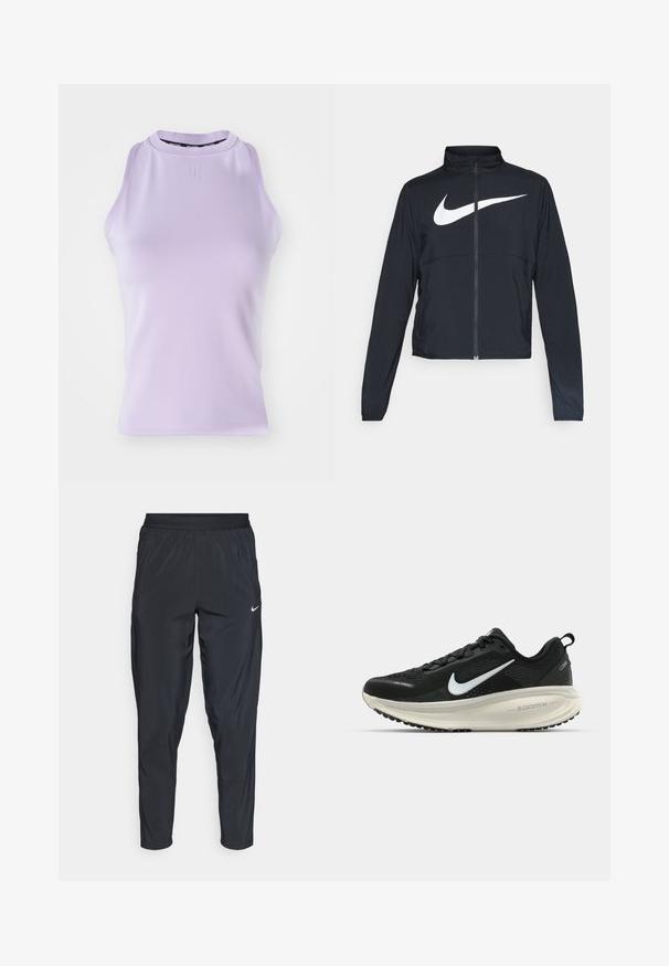 Czarna bluza sportowa na zamek błyskawiczny z wysokim kołnierzem, długimi rękawami i dużym białym logo Nike na klatce piersiowej.; Fioletowy, bezrękawnik z wysokim dekoltem, prążkowaną teksturą i subtelnym logo. Gładki materiał, dopasowany krój i brak ozdobników.; Czarne spodenki sportowe z elastycznym pasem, zwężanymi nogawkami i małym białym logo na lewej udzie. Lekki, gładki materiał.; Czarna biegowa półbut z oddychającej siateczki, białym logo swoosh, teksturowanymi detalami oraz kremową podeszwą środkową ZoomX.