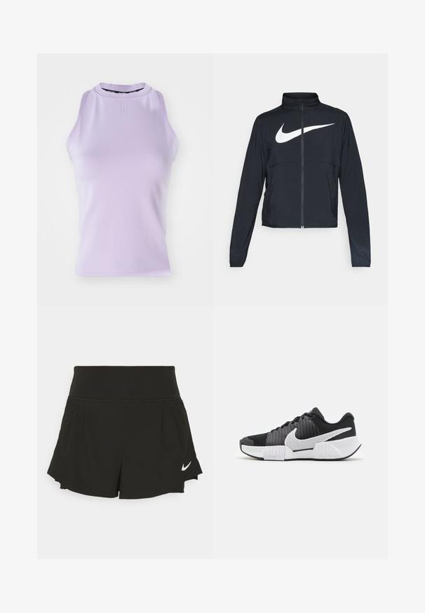 Chaqueta deportiva negra de cremallera completa con cuello alto, mangas largas y gran logo de Nike en blanco en el pecho.; Top sin mangas de color lila con un escote alto, textura acanalada y un logo sutil. Tejido suave, forma ajustada y sin adornos.; Shorts deportivos negros con una cintura ancha, detalles plisados, dobladillo curvado y el logo de Nike en blanco en la parte inferior derecha.; Zapatillas deportivas en blanco y negro con un upper texturizado, un prominente swoosh de Nike y un diseño de suela contrastante para mejorar el agarre y la estabilidad.