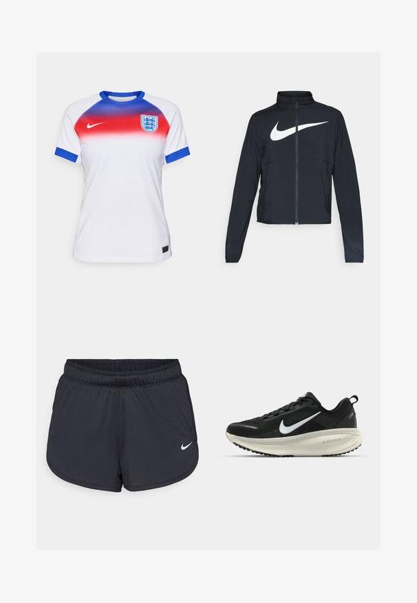 Svart joggebund med hel glidelås, høy krage, lange ermer og stort hvitt Nike swoosh-logo over brystet.; Hvit sportsdrakt med gradientdesign som går fra rødt til blått ved skuldrene. Har blå detaljer på mansjettene og et emblem.; Svarte treningsshorts laget av lett, pustende stoff. Har elastisk linning og hvit Nike-logo nederst til høyre.; Svart Nike løpesko med pustende mesh-overdel, hvit swoosh-logo, teksturert detaljer og en kremfarget ZoomX mellomsåle.
