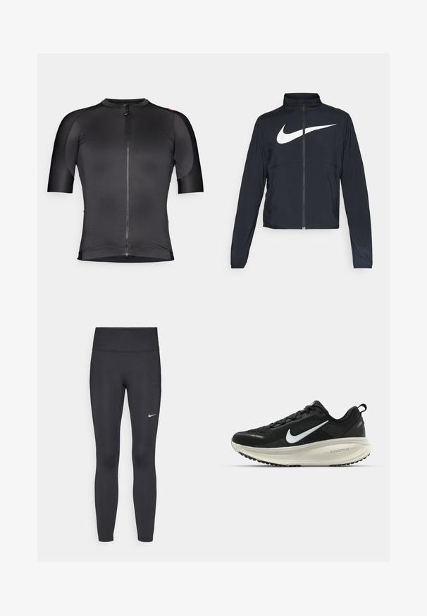 Svart joggebund med hel glidelås, høy krage, lange ermer og stort hvitt Nike swoosh-logo over brystet.; Kortsleeve sykkeltrøye i svart, laget av lett, teksturert materiale. Har glidelås foran og en tettsittende design med kontrasterende detaljer.; Sorte leggings laget av elastisk stoff, med høy livlinje og en hvit Nike-logo på venstre lår. Glatt tekstur, kroppsnær passform.; Svart Nike løpesko med pustende mesh-overdel, hvit swoosh-logo, teksturert detaljer og en kremfarget ZoomX mellomsåle.