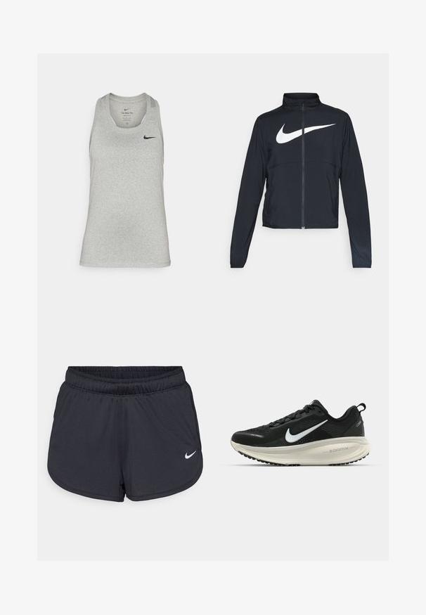 Jachetă sport neagră cu fermoar pe toată lungimea, guler înalt, mâneci lungi și un logo mare alb Nike swoosh pe piept.; Tricou sport fără mâneci, de culoare gri deschis, realizat dintr-un material moale, având un guler rotund și un logo mic, de culoare neagră, Nike pe partea stângă a pieptului.; Pantaloni scurți atletici negri, confecționați dintr-un material ușor și respirabil. Prezintă un brâu elastic și logo-ul alb Nike în colțul din dreapta jos.; Pantofii de alergare negri de la Nike, cu parte superioară din plasă respirabilă, logo-ul alb Swoosh, detalii texturate și o talpă intermediară ZoomX de culoare crem.