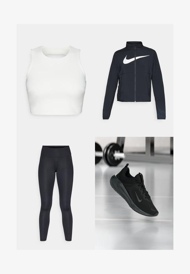 Schwarze Sportjacke mit vollem Reißverschluss, hohem Kragen, langen Ärmeln und großem weißen Nike-Swoosh-Logo auf der Brust.; Weißes ärmelloses Crop-Top aus glattem Stoff, mit rundem Halsausschnitt und offenem Rücken-Design, mit sauberen Nähten entlang der Kanten.; Schwarze Leggings aus glattem, dehnbarem Stoff. Hoher Bund ohne sichtbare Muster oder Akzente. Enganliegend von der Taille bis zu den Knöcheln.; Schwarzer Sportsneaker mit Nike-Logo, mid-air über dem Boden des Fitnessstudios, mit unscharfem Hantelregal im Hintergrund.