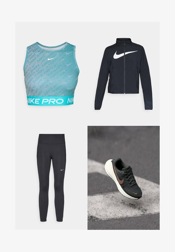 Must musta täispikk vary hoodie kõrge krae, pikad varrukad ja suur valge Nike swooshi logo rinnal.; Nike Pro spordirinnahoidja türkiissinises värvitoonis, millel on ribakujundus, abstraktne muster ning kontrastne helesinine vöökoht, millel on valge bränding.; Mustad mustadest leggingid, mis on valmistatud venivast kangast, kõrge vöökoha ja valge Nike logo abil vasakul reiel. Sile tekstuur, keha järgiv disain.; Must musta jooksv kingad musta võrkmaterjaliga pealisosa, pruuni Nike logo ja valge pehmendusega tald, rippumas halli pinna kohal.