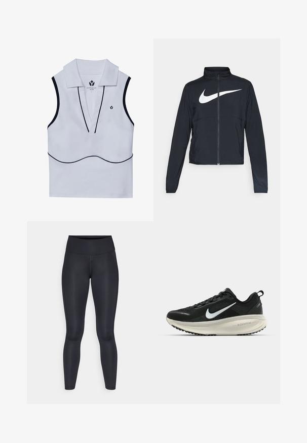 Giacca sportiva nera con zip completa, colletto alto, maniche lunghe e grande logo swoosh bianco Nike sul petto.; Top attivo bianco senza maniche con colletto, scollatura a V profonda, dettagli in nero e un piccolo logo nell'angolo in alto a sinistra.; Leggings neri realizzati in un tessuto liscio e elasticizzato. Vita alta senza motivi o dettagli visibili. Vestono aderenti dalla vita alle caviglie.; Scarpa da corsa nera Nike con tomaia in rete traspirante, logo Swoosh bianco, dettagli testurizzati e intersuola ZoomX di colore crema.