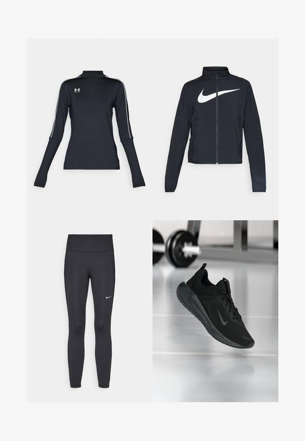Fekete, teljes cipzáros sportdzseki magas gallérral, hosszú ujjal, amelyen egy nagy, fehér Nike logó található a mellkason.; Fekete hosszúujjú sportfelső, álló gallérral, fehér oldalsávokkal és egy kis logóval a bal felső mellen. Puha, rugalmas anyag.; Fekete leggings elasztikus anyagból, magas derékkal és fehér Nike logóval a bal combon. Simább textúra, testhez álló kialakítás.; Fekete sportcipő Nike logóval, amely a levegőben látható az edzőterem padlóján, a háttérben elmosódott kézi súlyzó állvánnyal.