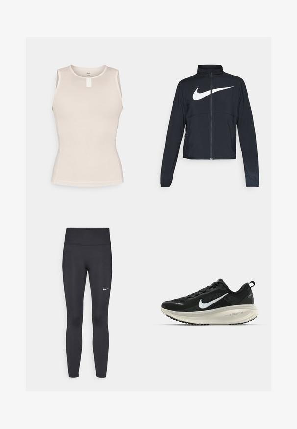 Czarna bluza sportowa na zamek błyskawiczny z wysokim kołnierzem, długimi rękawami i dużym białym logo Nike na klatce piersiowej.; Beżowa koszulka bez rękawów z teksturowanym wzorem siateczkowym, okrągłym dekoltem i małą białą etykietą na środkowej części pleców.; Czarne legginsy z elastycznego materiału, z wysokim pasem i białym logo Nike na lewym udzie. Gładka tekstura, dopasowany krój.; Czarna biegowa półbut z oddychającej siateczki, białym logo swoosh, teksturowanymi detalami oraz kremową podeszwą środkową ZoomX.