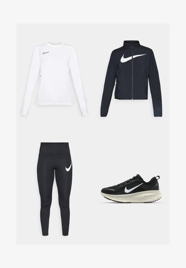 Čierna športová bunda na zips s vysokým golierom, dlhými rukávmi a veľkým bielym logom Nike na hrudi.; Dlhý rukáv biele športové tričko vyrobené z priedušného materiálu, na hornej ľavej strane s čiernym logom Nike swoosh. Hladká textúra, priliehajúci strih.; Čierne športové legíny s vysokým pásom s bielym logom Nike swoosh na ľavom stehne na bielom pozadí.; Čierne bežecké topánky Nike s priedušnou sieťovinou, bielym logom s symbolom swoosh, textúrovanými detailmi a krémovou ZoomX medzipodrážkou.